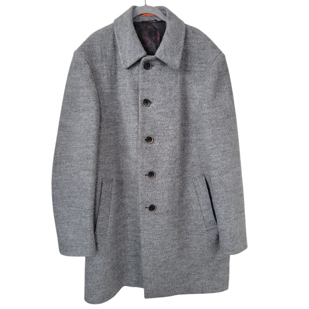Tallia Mens L Gray Wool Blend Topcoat Paisley Lined Tailored Overcoat Office